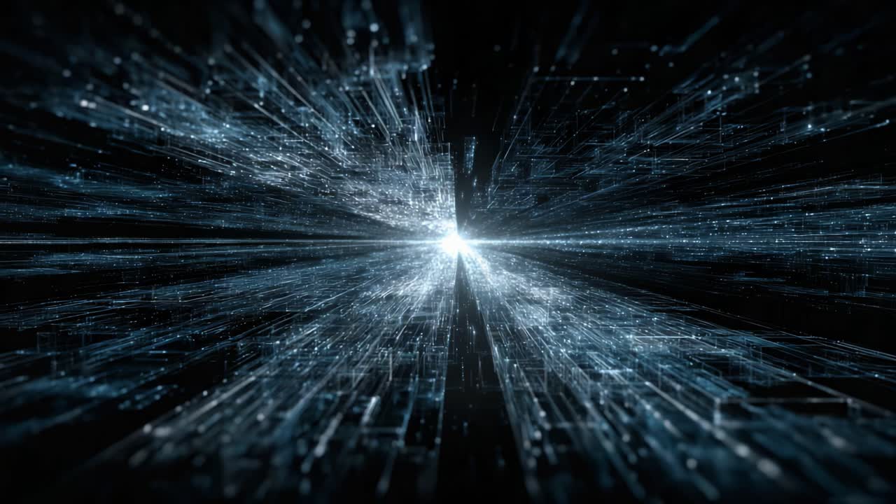 Dynamic Abstract Visualization of Data Stream with Radiating Lines and Bright Light Source Representing Speed and Technology in a Digital Universe
