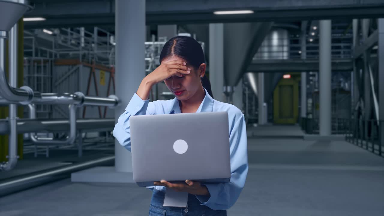 Asian Female With Her Laptop in Distillery Interior With Large Fermentation Tanks, She Is Nodding Her Shead With Dissapionted