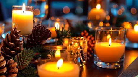 a table set for a dinner party with candles and pine cones