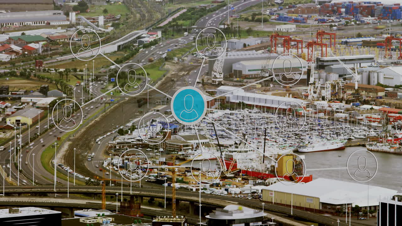 Network of connections and data processing animation over busy industrial port