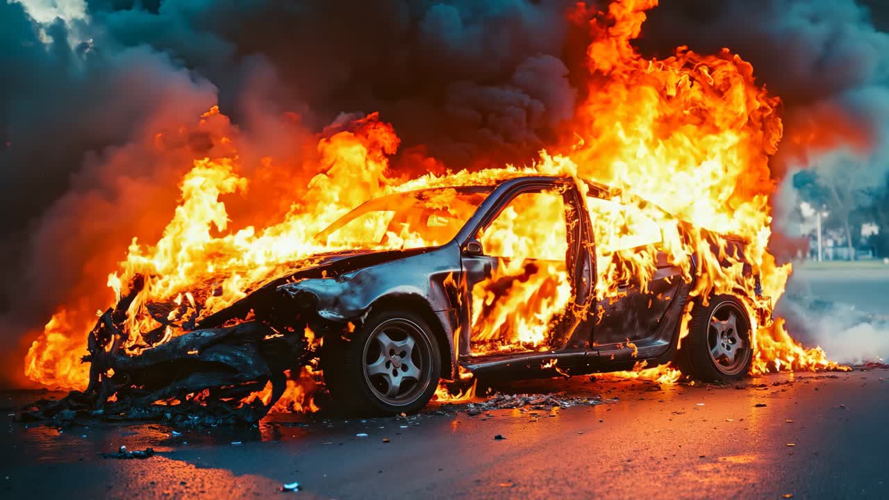 도로 에 불타는 차