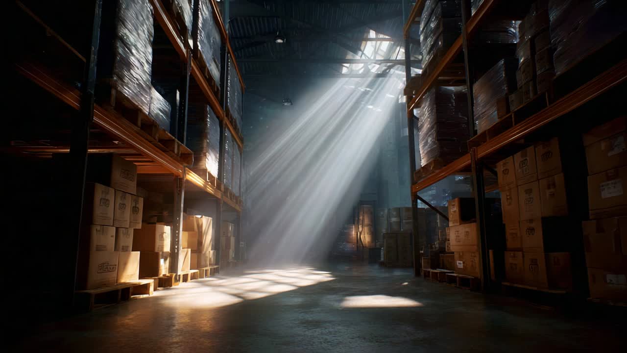 An Ethereal Light Streams Down Through the Warehouse, Illuminating the Dusty Air and Creating Dramatic Shadows on the Stacked Boxes Amidst the Shelving Units, Capturing a Sense of Tranquility and Stillness