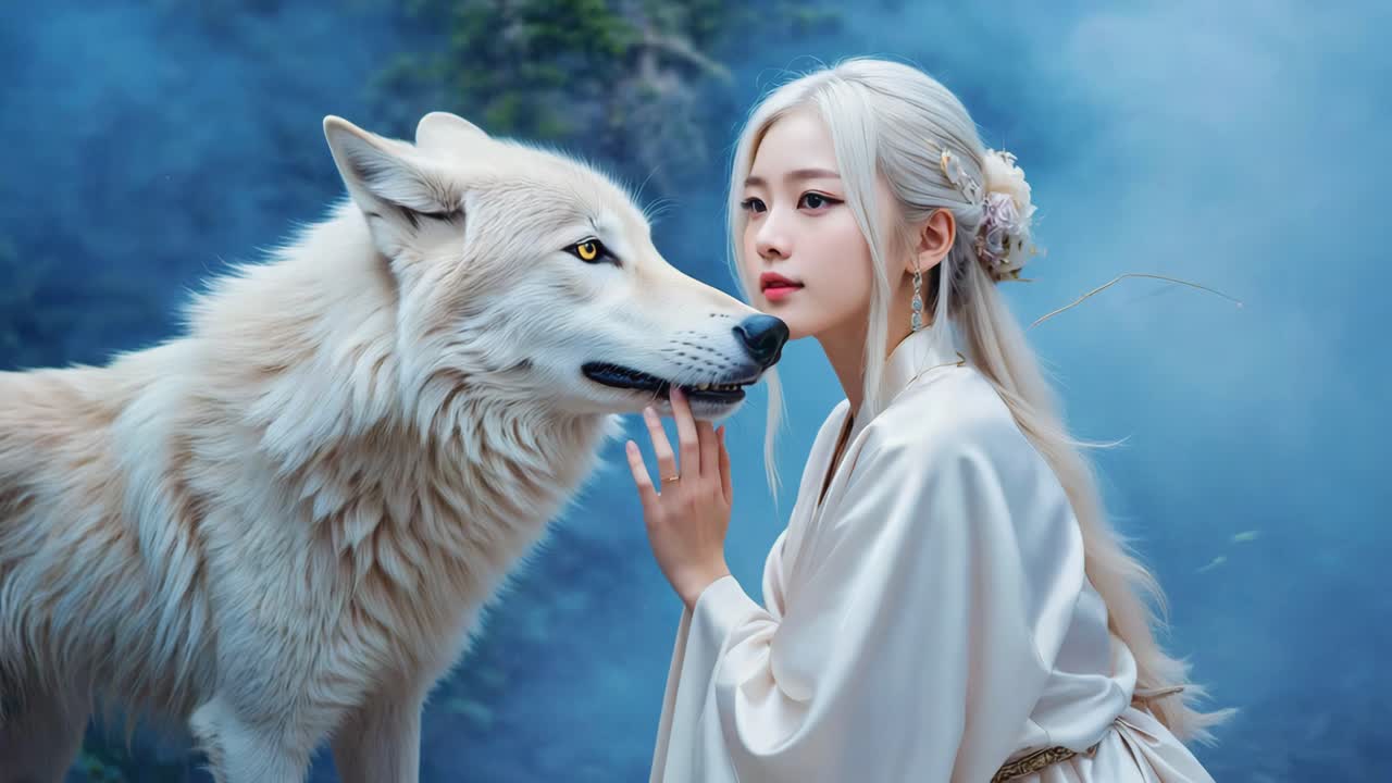 A Woman and a White Wolf in a Mystical Blue Forest
