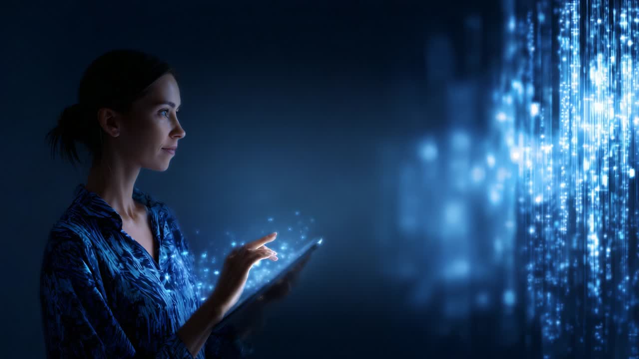 A focused woman interacts with a digital tablet, projecting a stream of vibrant digital light against a dark backdrop, symbolizing innovation, technology, and the convergence of human and digital interactions