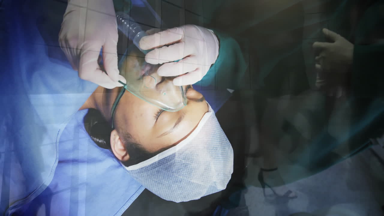 Medical procedure animation over patient receiving oxygen mask in hospital