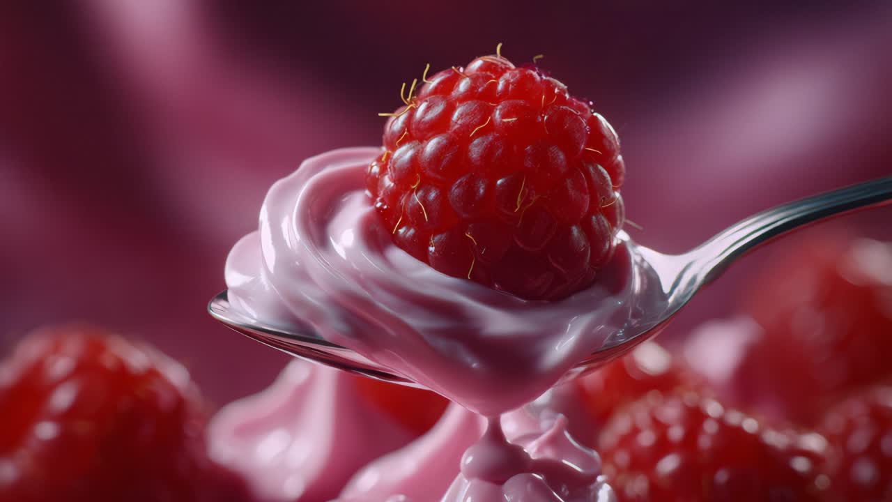 Delicious Raspberry Dessert with Creamy Whipped Topping on a Spoon, Highlighting the Juicy Freshness of the Berries Against a Soft Pink Background