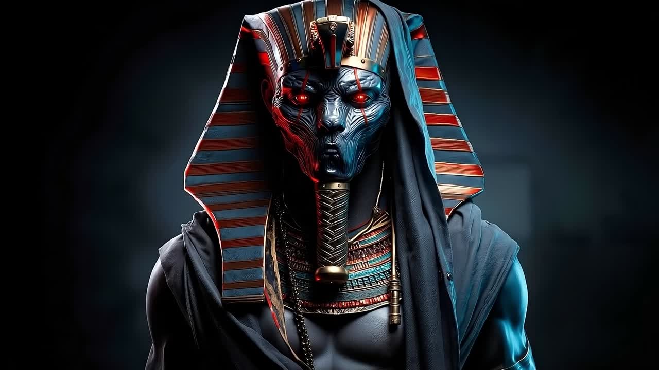 A man in a pharaoh costume with red eyes and a mask