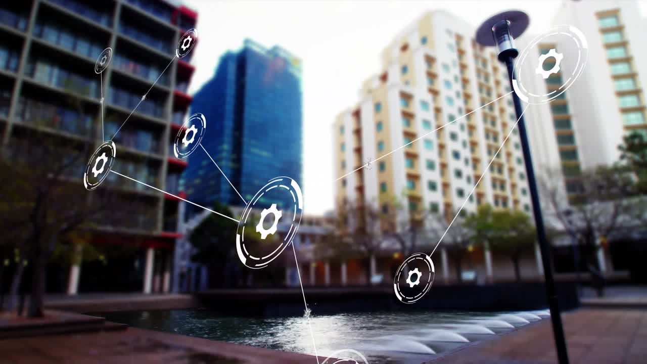 도시 풍경에 대한 아이콘을 가진 연결 네트워크의 애니메이션