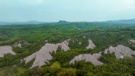 aerial drone shot of mud volcano area during cloudy day in taiwan,asia