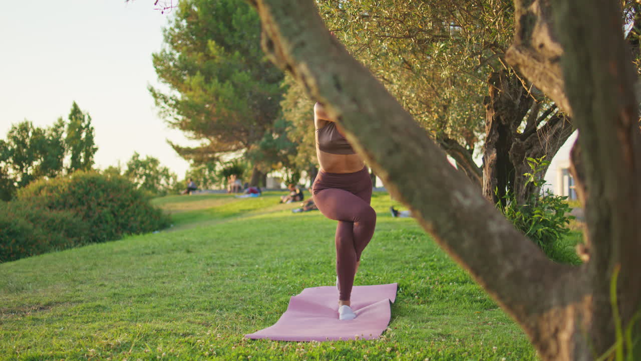 Donna sportiva che pratica asana in un parco soleggiato. Modella yoga in posa su una gamba sola.