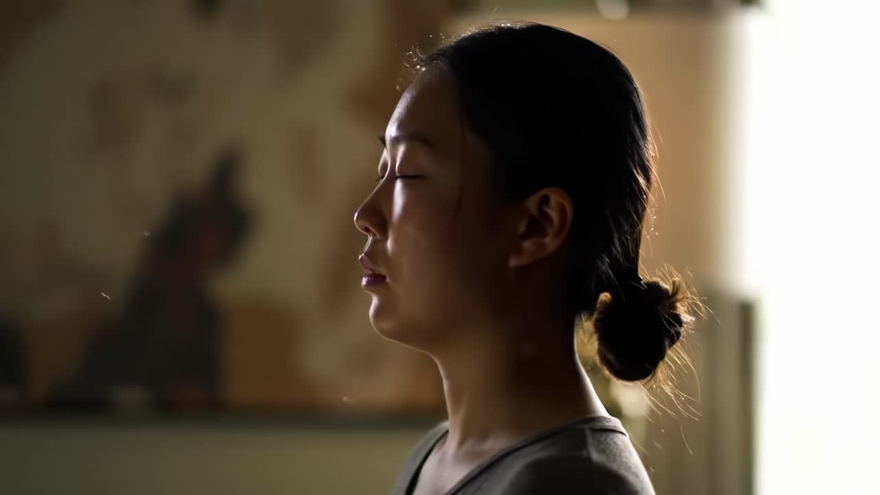 A Serene Moment of Reflection: A Young Woman in Contemplation and Stillness, Capturing the Essence of Inner Peace and Awareness in a Softly Lit Room