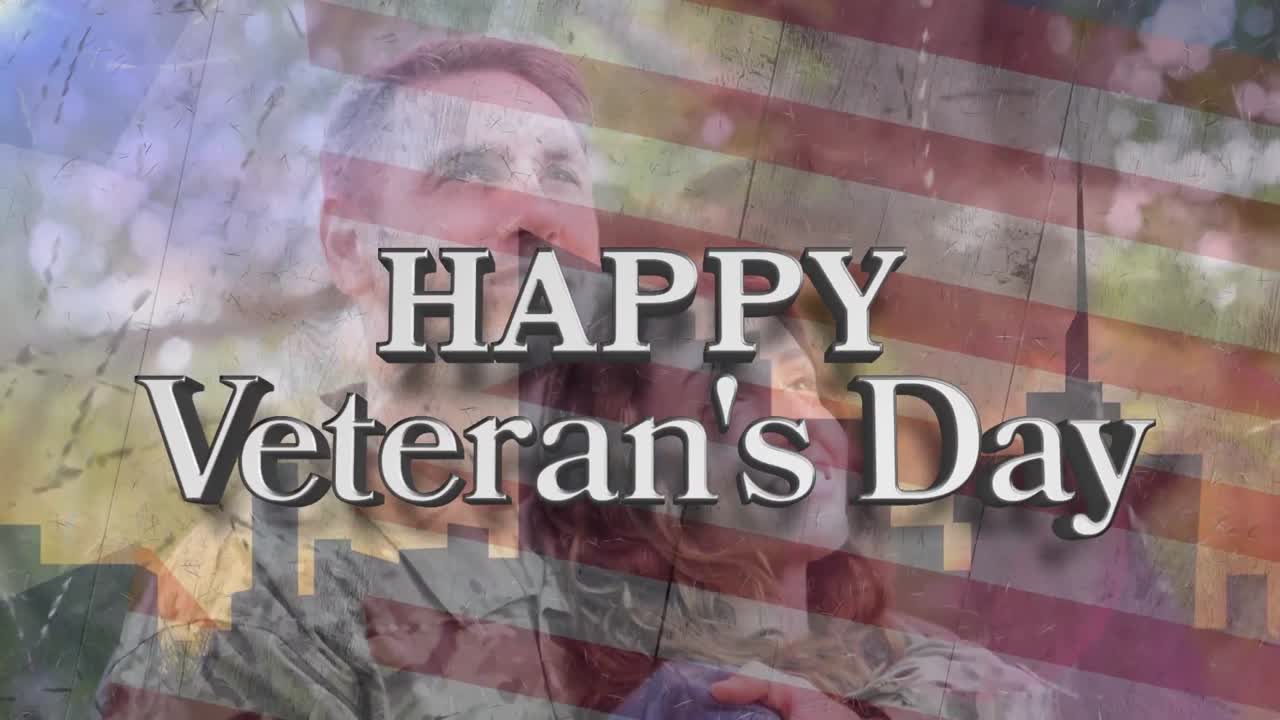 Animation of happy veteran's day text over caucasian male soldier with his wife and american flag