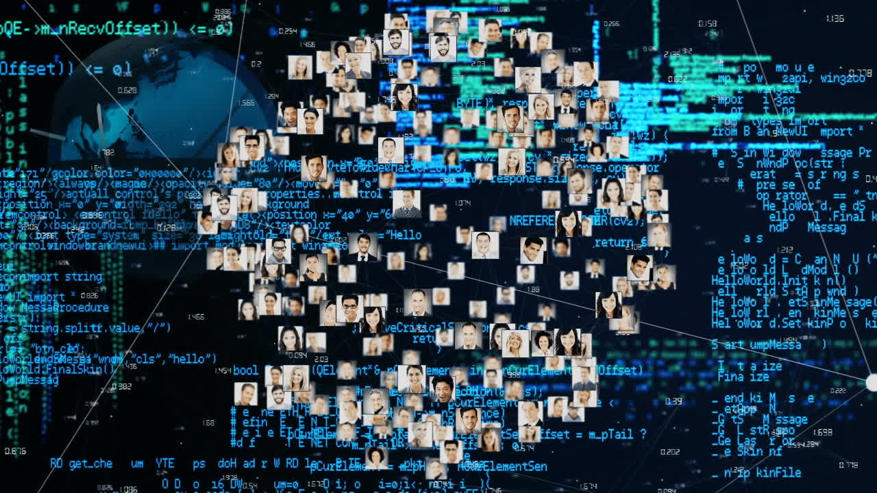 Animation of interface showing information and data with globe of connected people images