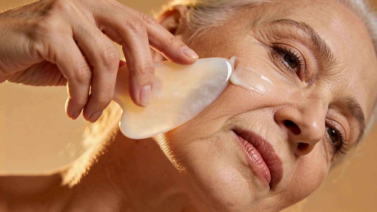 Ältere Frau platziert durchscheinenden Gua Sha, gleitet mit dem Werkzeug über die Wange im Studio und verteilt Creme.