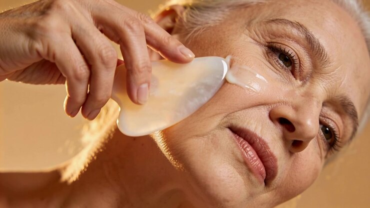 Placing translucent gua sha, senior woman gliding tool across cheek in studio, spreading cream