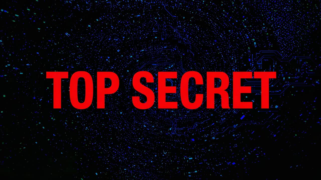 Displaying bold red TOP SECRET centered as title card, pulse causing particles and circuit glow