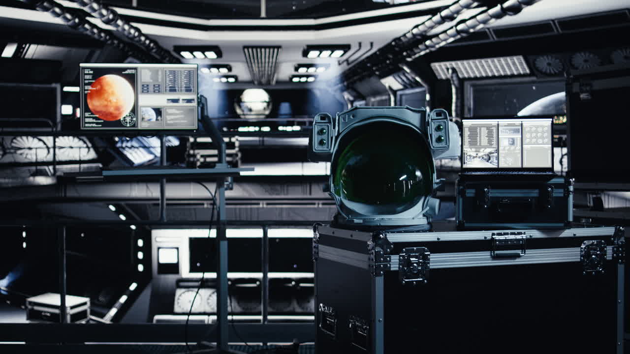 Astronaut suit helmet and laptop inside spaceship control bay