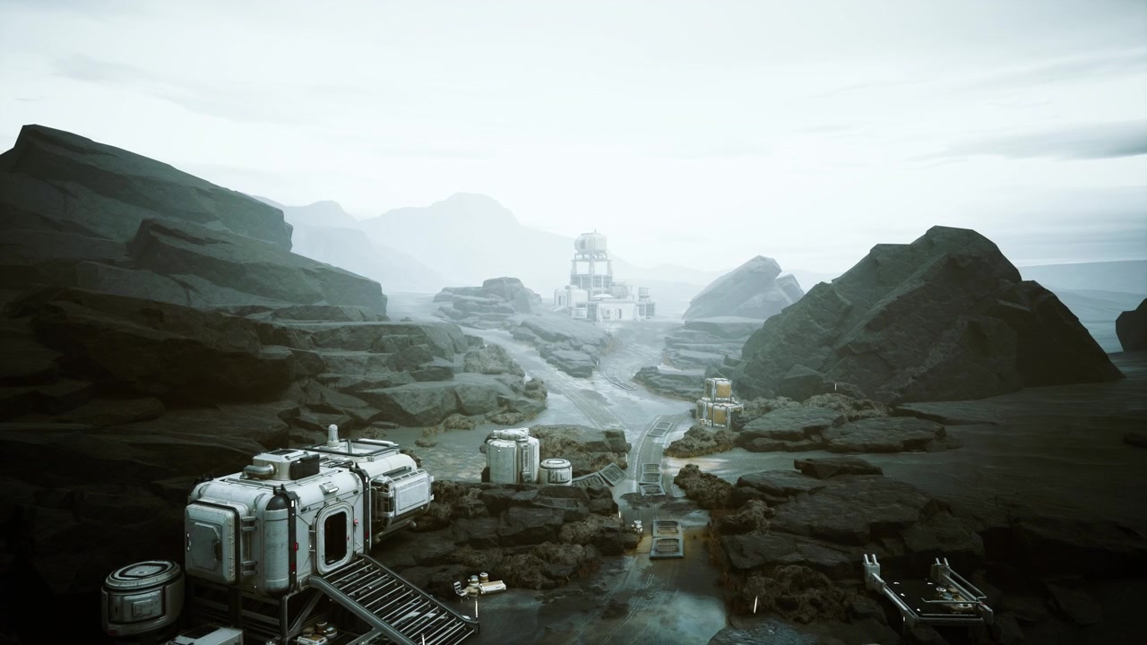 Desolate industrial settlement nestled within rocky canyon at dawn