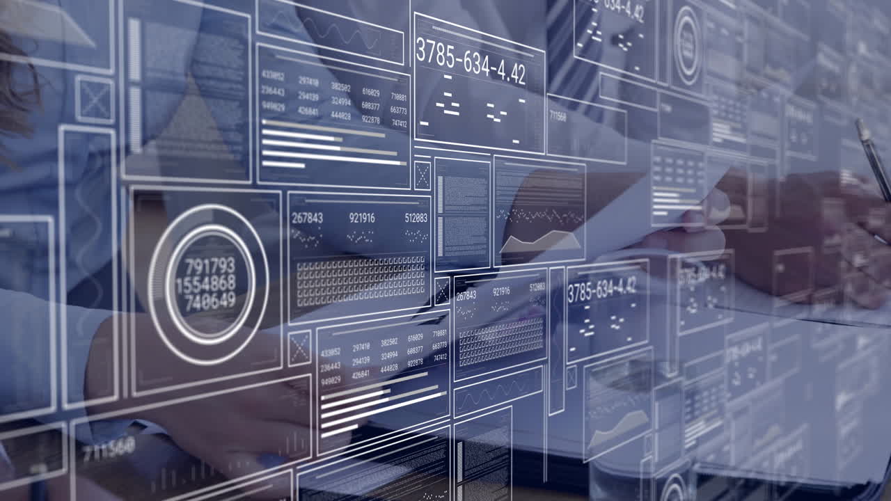 female colleague writing notebook in business office, with floating data panels, charts overlaying