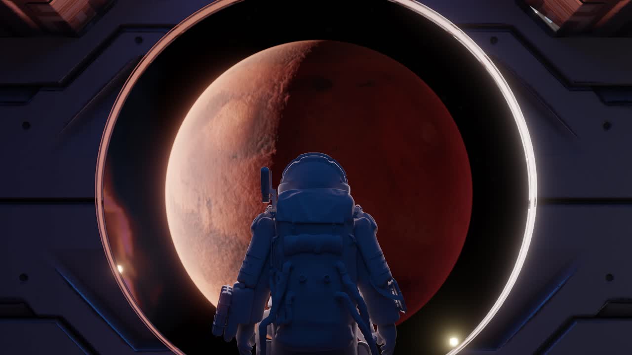 Astronaut observing mars through spaceship window in outer space