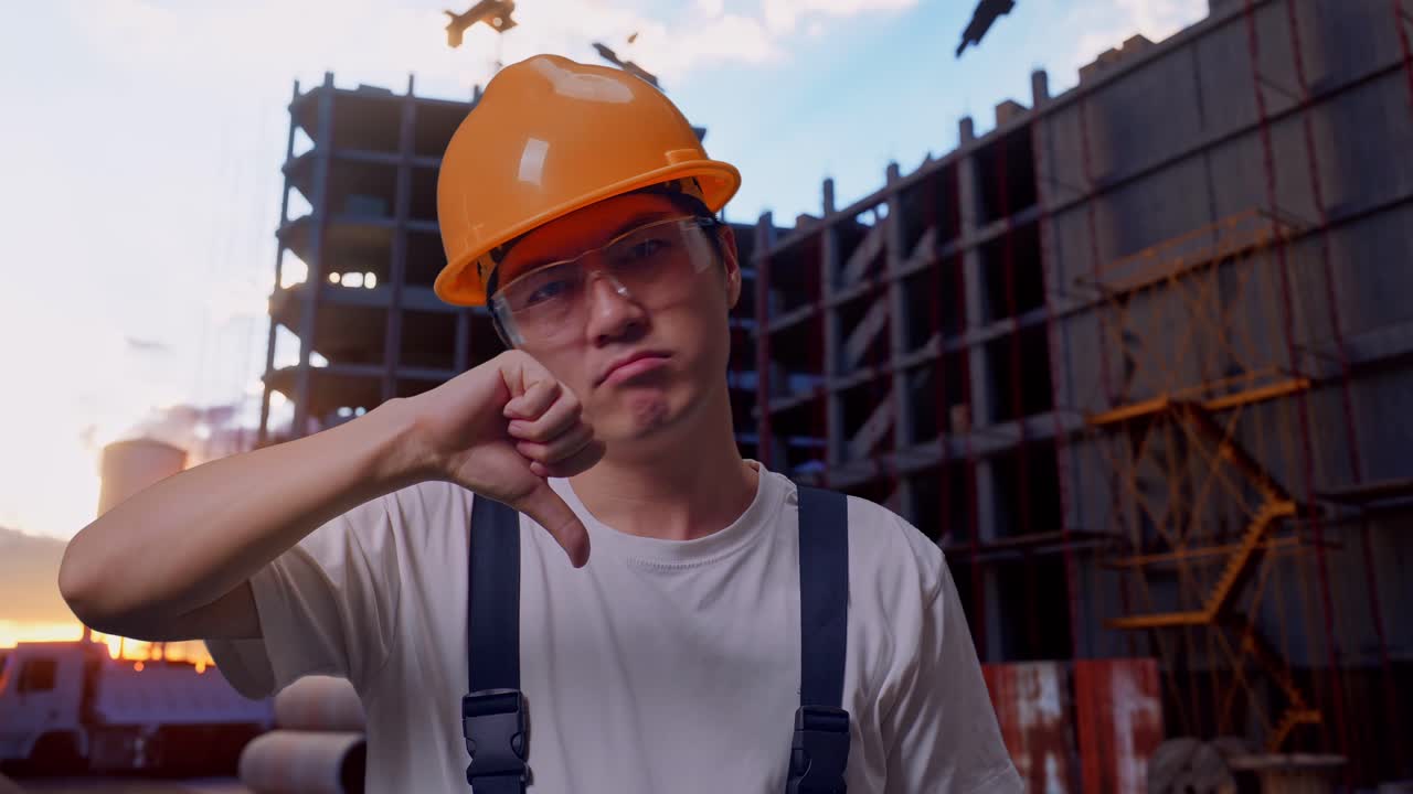 Asian Man Worker Showing Thumbs Down Gesture To Camera At Construction Site