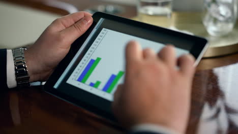 finance professional using tablet. closeup man hands touch pad screen graphics