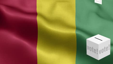 ballots fly to box for guinea selection - ballot box in front of flag - election - vote - flag of guinea - guinea flag high detail - national flag guinea wave pattern loopable elements - fabric texture and endless loop