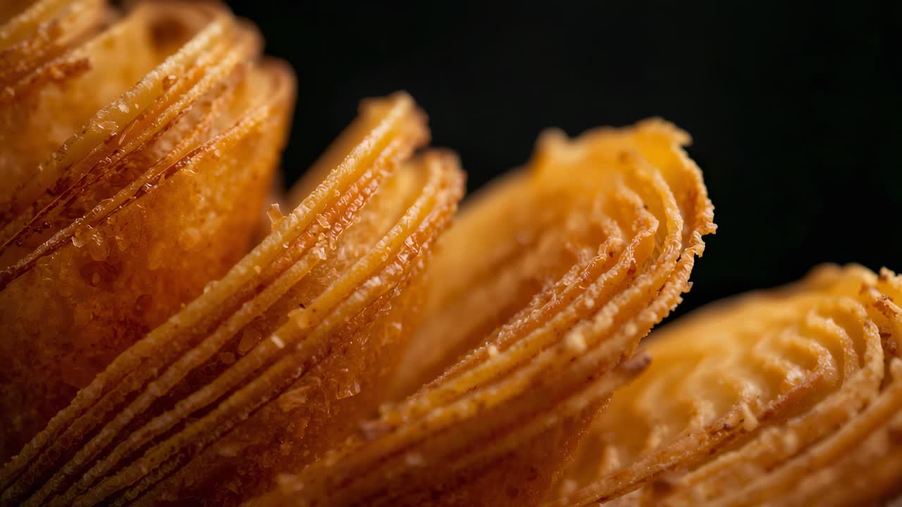 Telecamera che scorre rivelando una pasta sfoglia dorata su un tavolo da studio, enfatizzando i cristalli di zucchero.