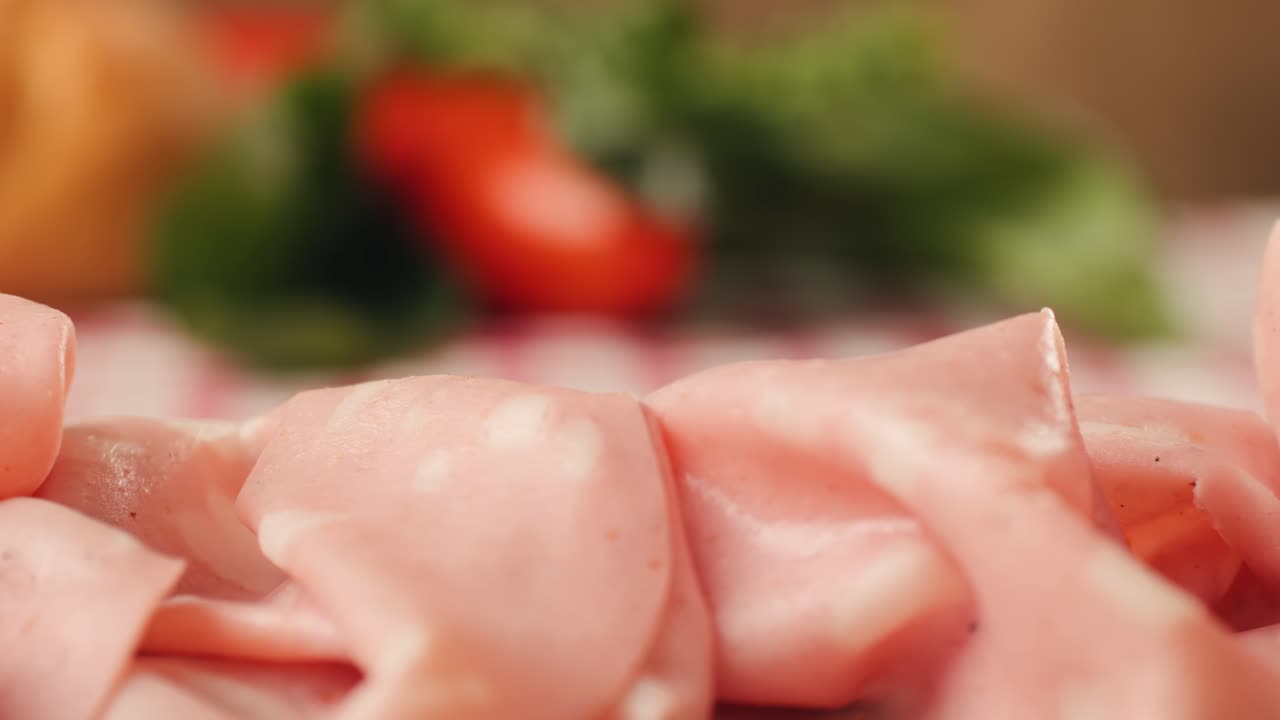 Ham italian mordatella, man Slices Of Traditional Italian antipasti mortadella sausage on a wooden cutting board, close up macro of chicken or turkey jamon, fat breakfast dish.