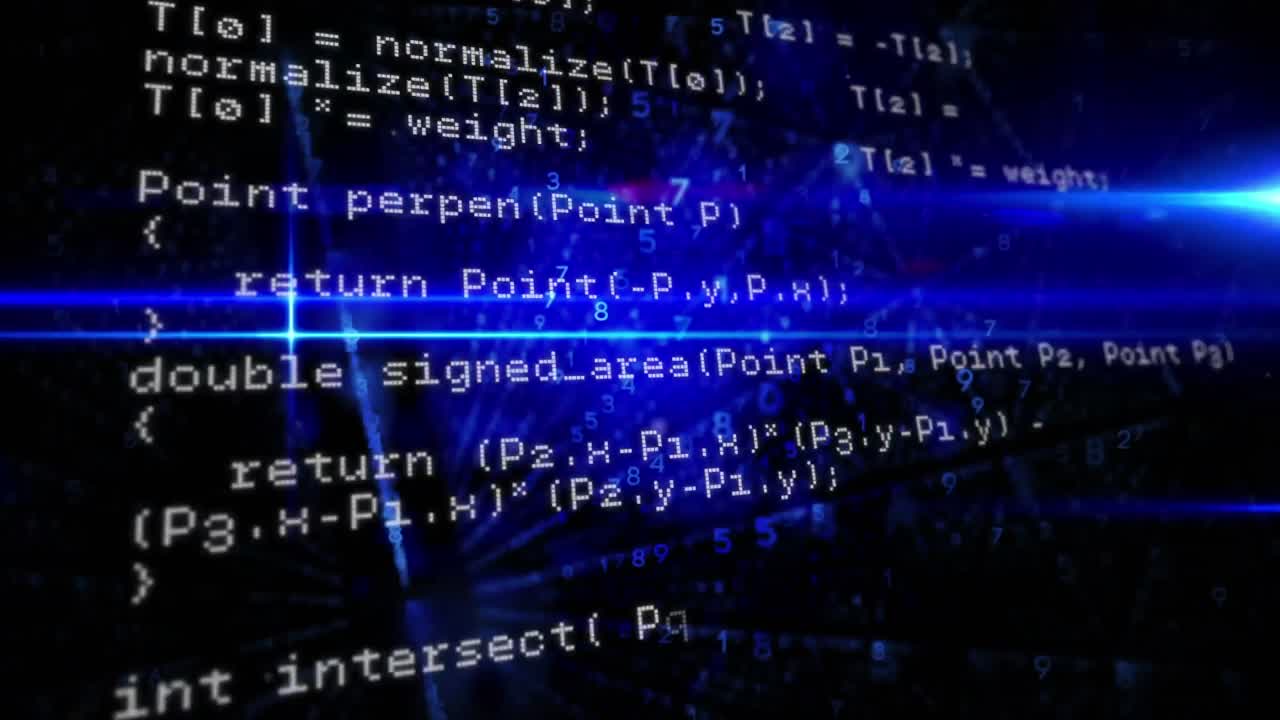Animation of digital data processing over glowing blue lights
