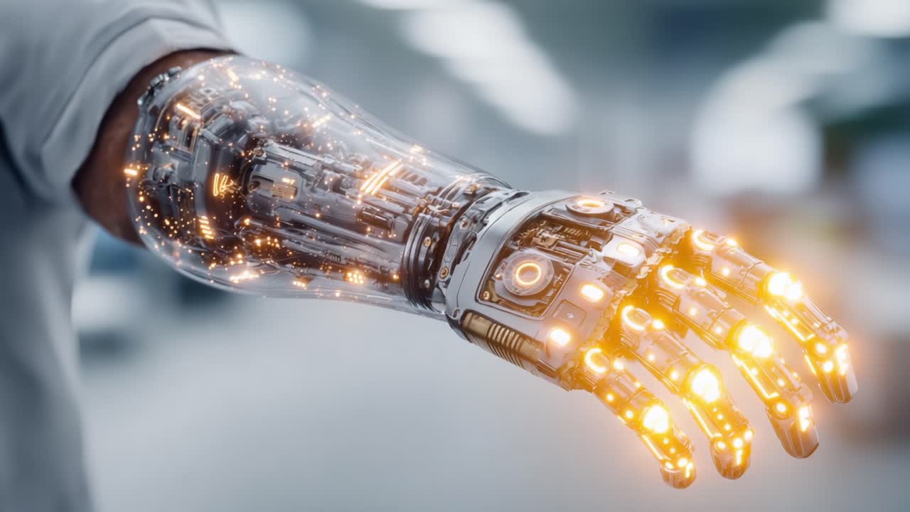 Braccio protesico robotico avanzato dotato di elettronica complessa e brillanti effetti di illuminazione, che dimostra tecnologia all'avanguardia nell'aumento umano e nella robotica.
