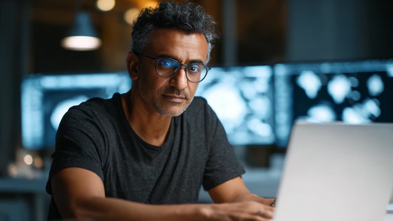 Focused Professional Analyzing Data on Laptop in Modern Workspace with Multiple Monitors, Demonstrating High Concentration and Engagement in a Technologically Advanced Environment