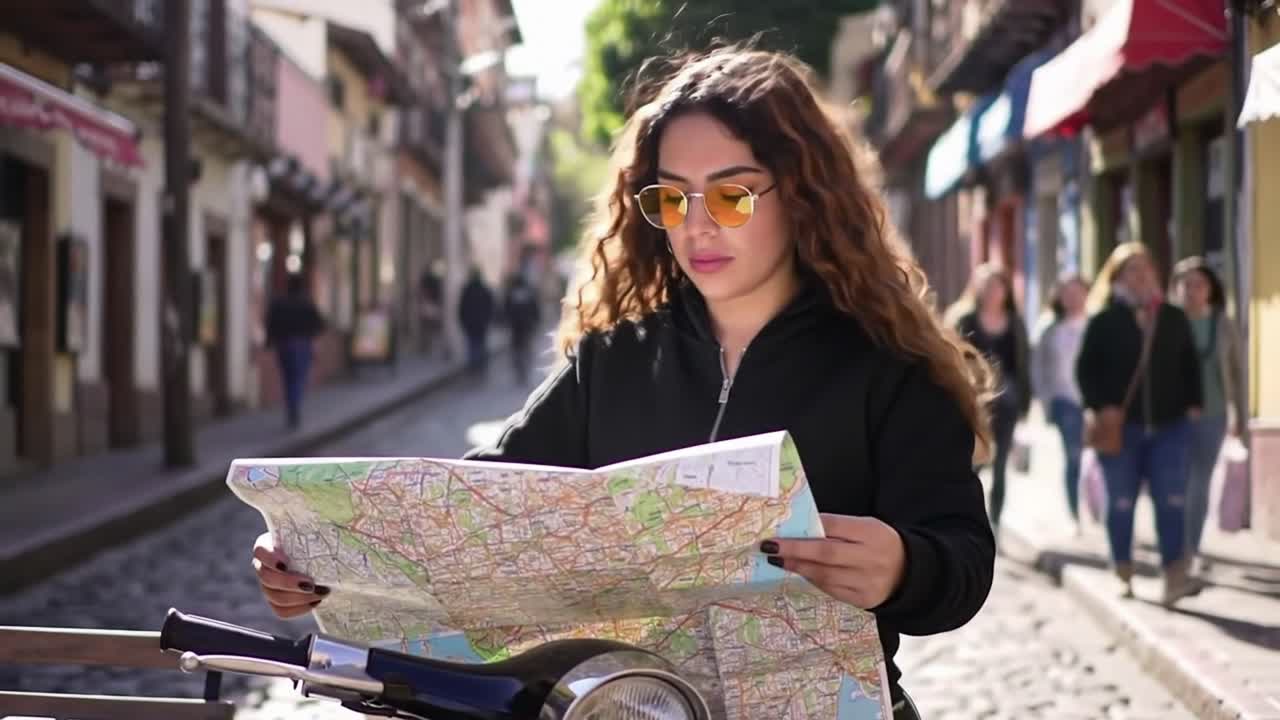 Kvinde rejser i byen og navigerer med kort på scooter