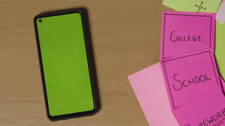 Concetto educativo di Post-it rotanti con termini e materie educative e un telefono cellulare con schermo verde