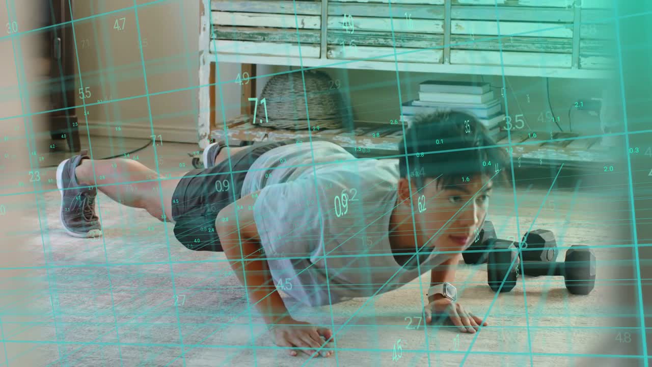Man doing pushups from high plank, lowering then pressing up, teal grid overlaying fitness metrics