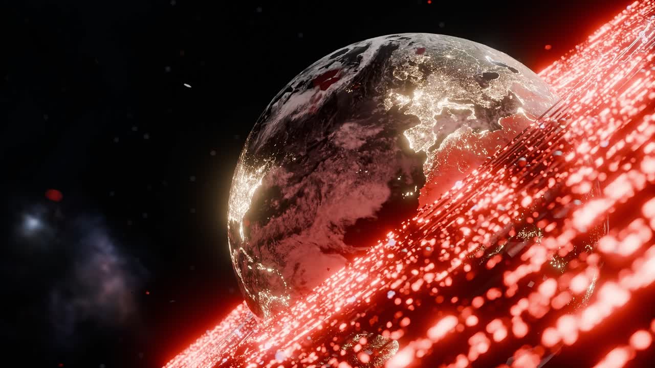 Glowing Earth showing illuminated Europe, Africa, Asia with digital red particles in outer space. 3D rendering with night lights and red wave. Futuristic technology and global connection
