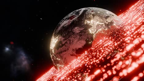 glowing earth showing illuminated europe, africa, asia with digital red particles in outer space. 3d rendering with night lights and red wave. futuristic technology and global connection