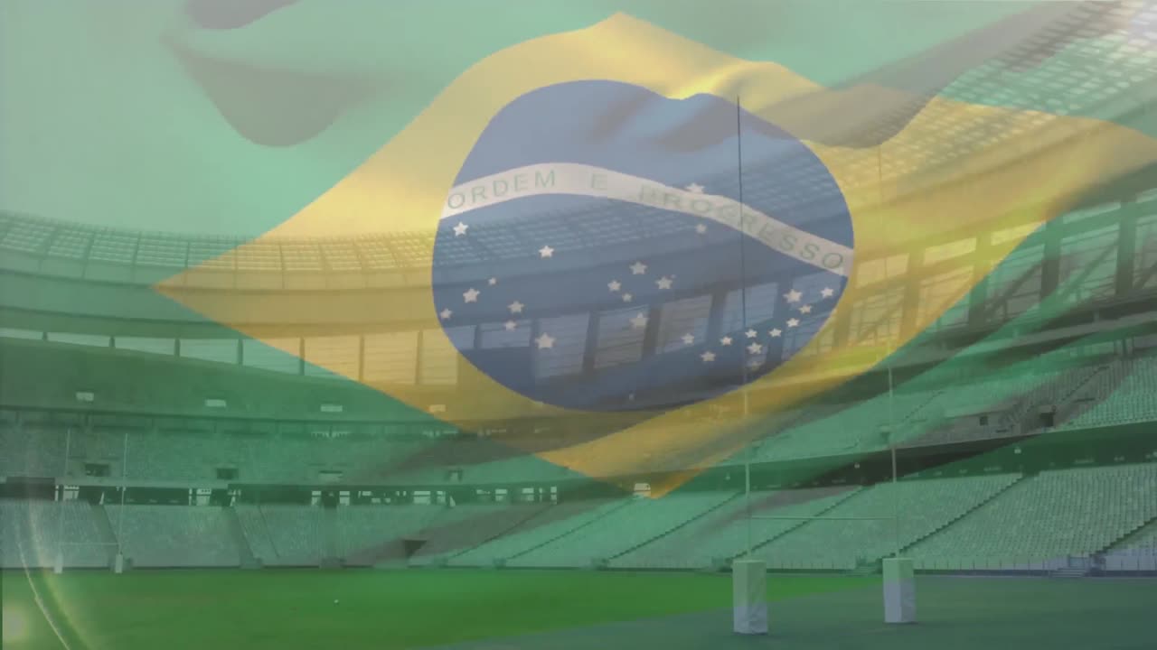 animación de la bandera brasileña ondeando sobre un estadio de rugby vacío composición digital