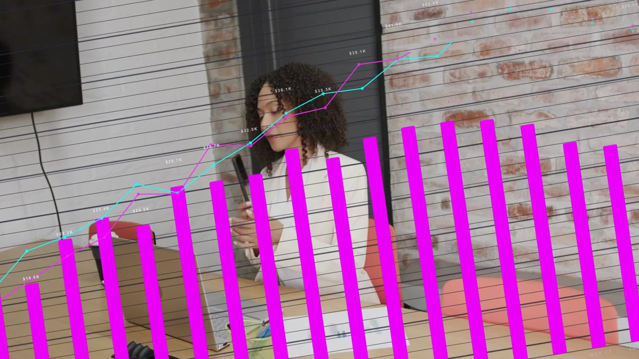 Woman tapping phone and using laptop in room starting magenta bars while analyzing business metrics