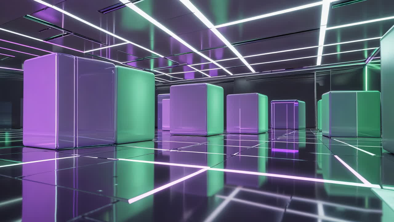 Futuristic Room with Neon Lights and Geometric Cubes