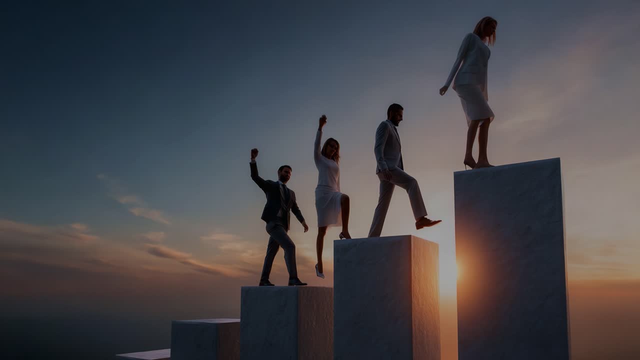 A group of four professionals ascending abstract steps towards success, showcasing determination and teamwork against a stunning sunset background, symbolizing growth and achievement