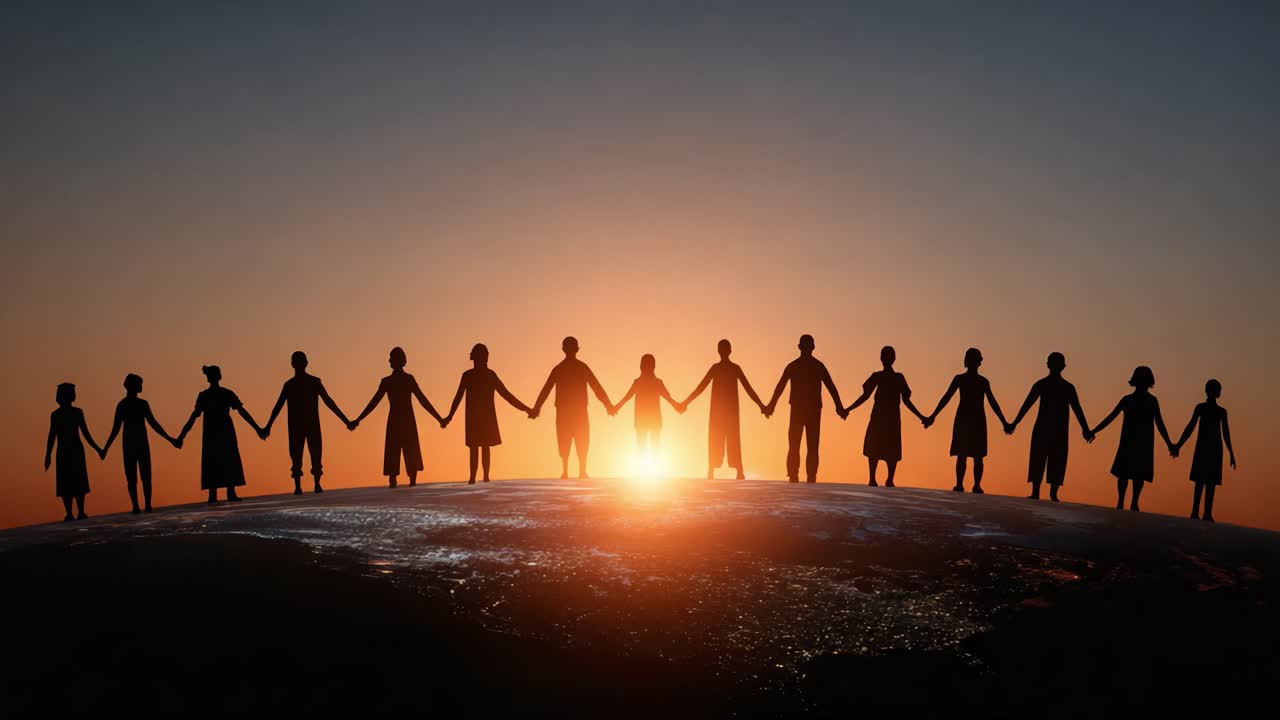 A Powerful Unity: Silhouetted Figures Holding Hands at Sunrise Symbolizing Global Togetherness and Hope for a Brighter Future on the Horizon