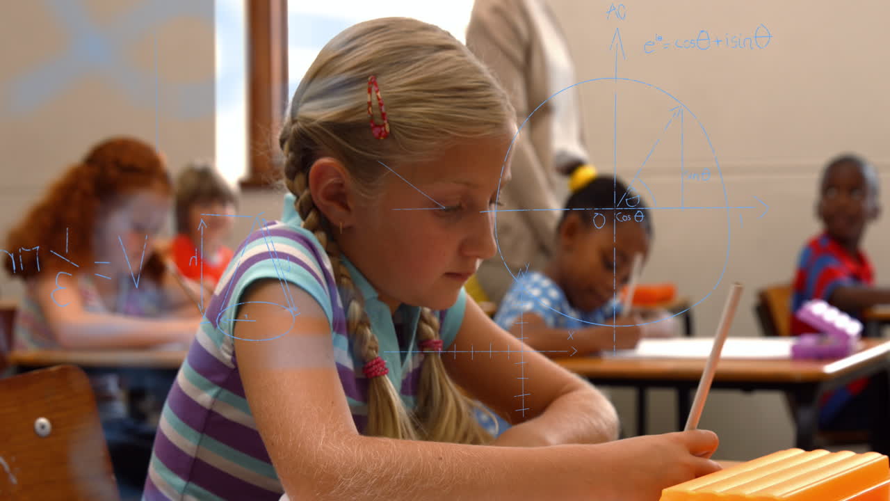 Animation of math formulas over happy caucasian girl learning at school