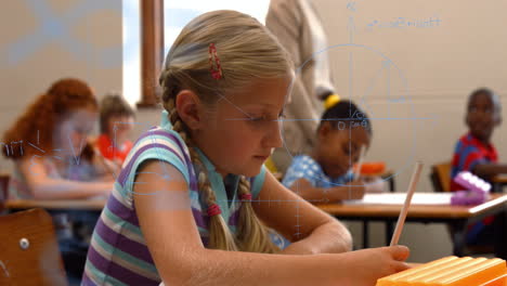 animation of math formulas over happy caucasian girl learning at school