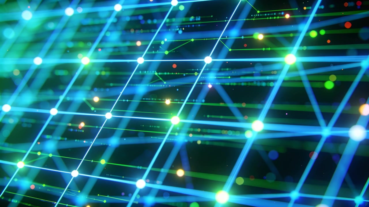 Gliding camera revealing teal grid lines in dark void, pulsing nodes, green streaks creating depth