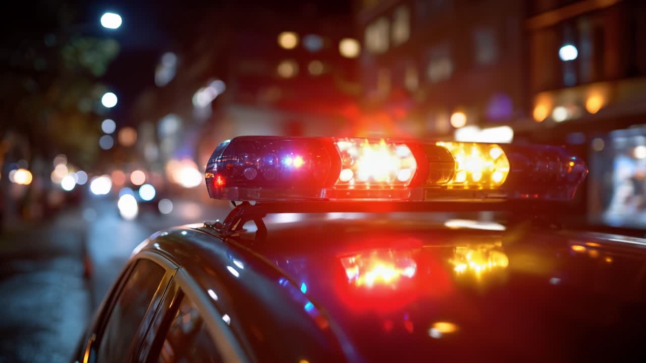 Nighttime city street, police light flashes. Blue and red beams pierce darkened urban surroundings. Vehicle stationary, urgent response implied. Ideal for emergency, law enforcement