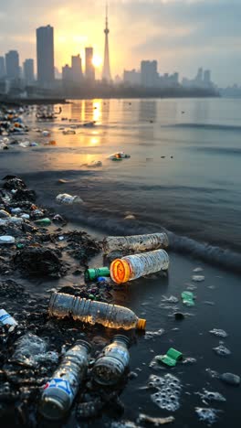 pollution disrupts shoreline views during sunset in urban setting