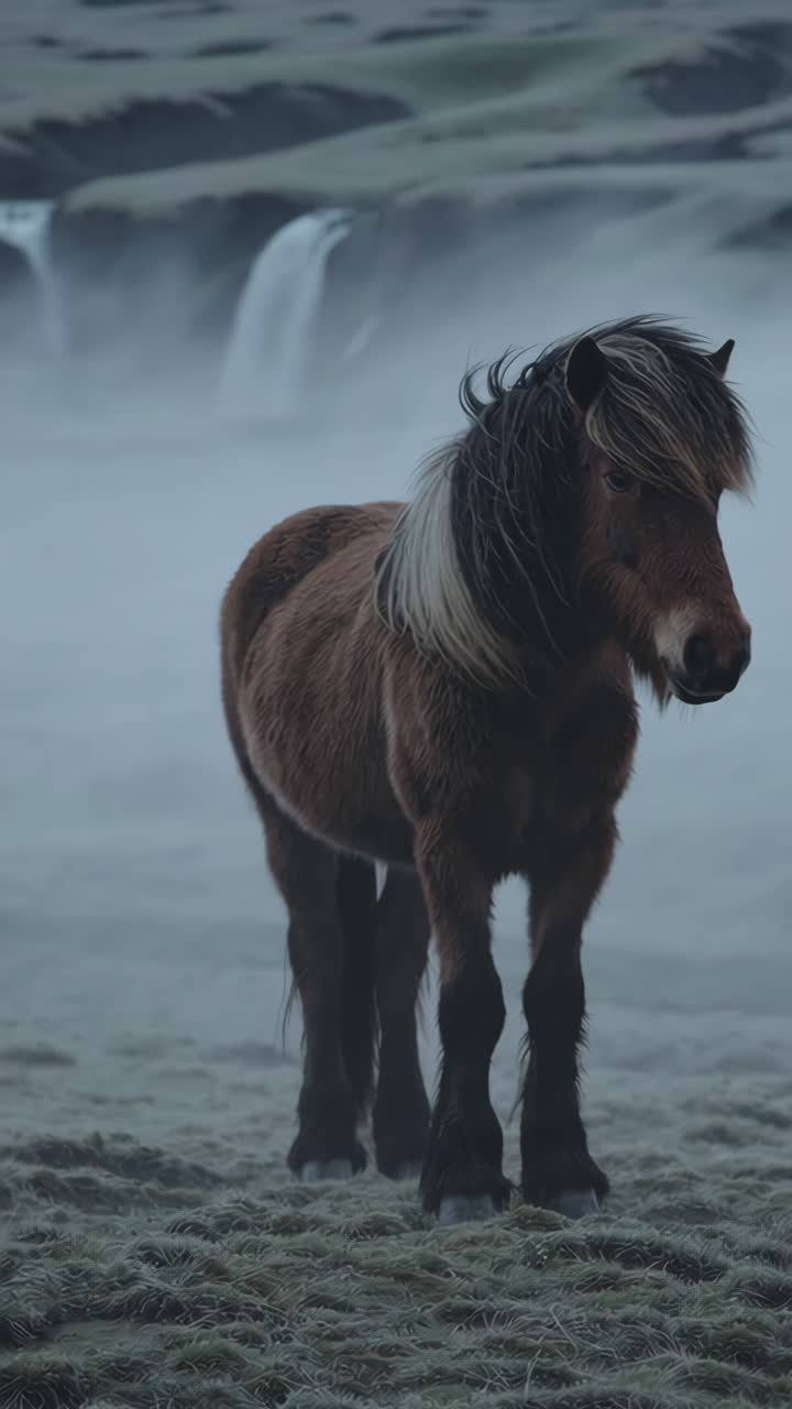 Icelandic Horse in Misty Mountains with Waterfalls