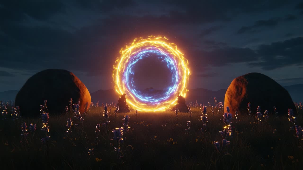 A mesmerizing energy portal emerges amidst a vibrant field of flowers, showcasing a spectacular display of swirling blue and orange flames under a twilight sky