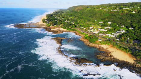 Explore-Hawaii,-High-Up-Fixed-Aerial-of-the-Entire-Coastline-of-Sharks-Cove-to-Banzai-Pipeline-Oahu,-2020-Landscape-Background